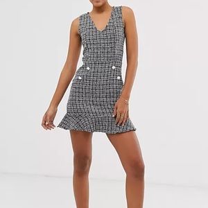 Tweed check dress with fluted hem with pearl effect buttons Black Size L